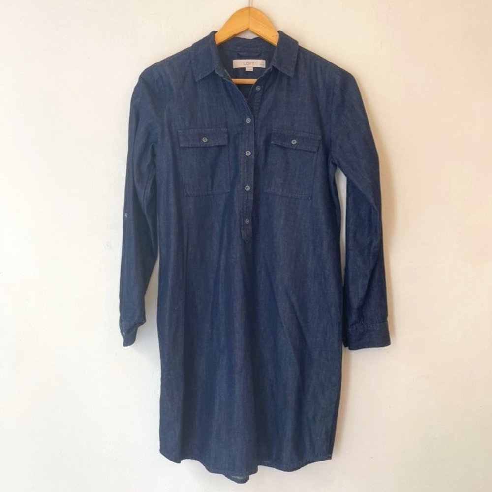 LOFT - Denim Long Sleeve Dress - Collar and Buttons - Dark Blue Denim - Small